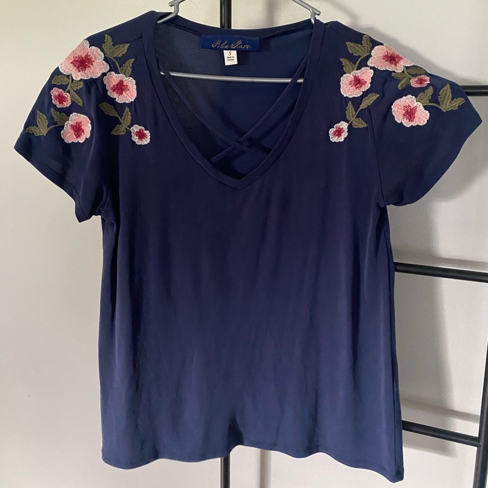 Navy Blue top with flower sleeves, Small